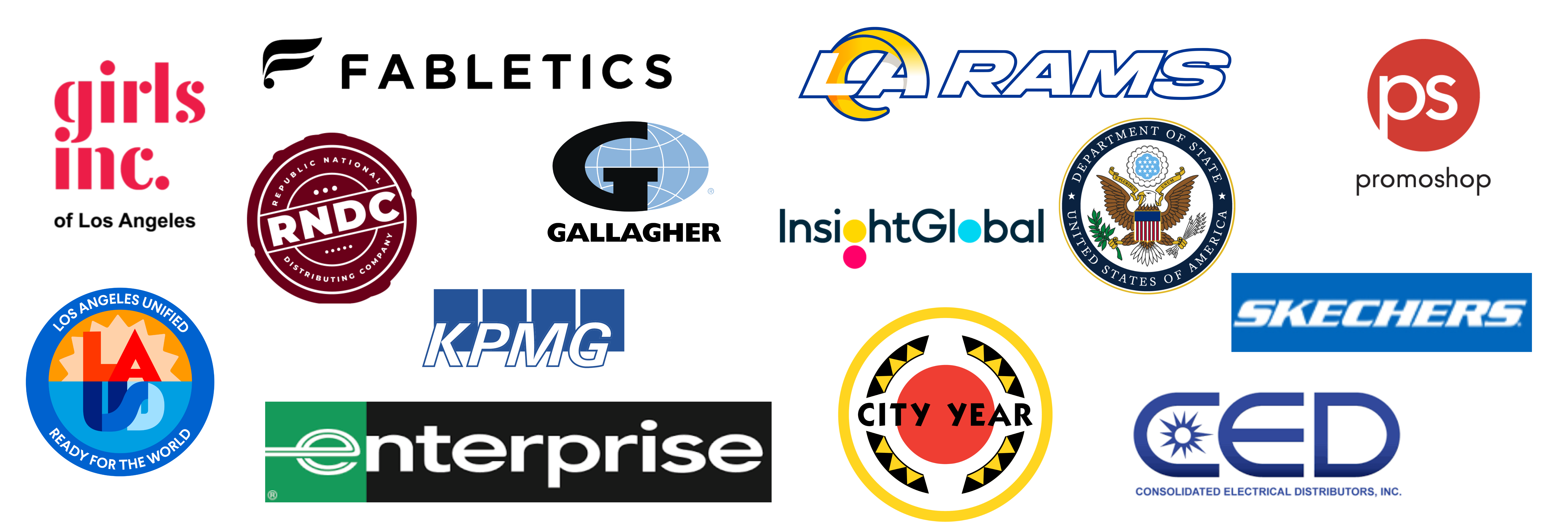 City Year, Consolidated Electrical Distributors, E. & J. Gallo Winery, Enterprise Holdings, Los Angeles Unified School District, Fabletics, Gallagher, Girls Inc., KPMG, Insight Global, Los Angeles Rams, U.S. Department of State, Promoshop